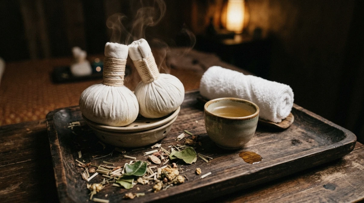 Steamed herbal compress bundle and folded cotton massage clothes laid out before a massage in Siam Bangkok